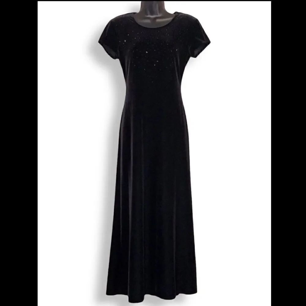 Vintage J.R NITES Black Velvet Beaded Top Gown 10